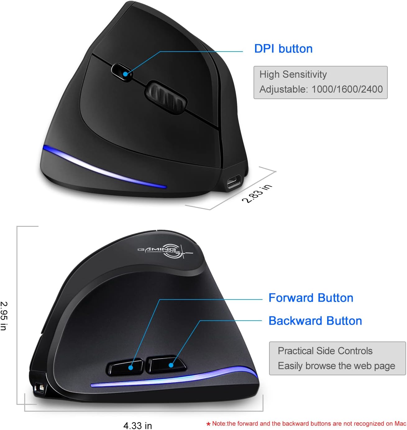 TRELC Ergonomic Mouse, 2.4G Wireless Vertical Optical Mouse with Adjustable Sensitivity (1000/1600/2400 DPI), 6 Buttons for PC, Desktop, Laptop, Notebook (Black)