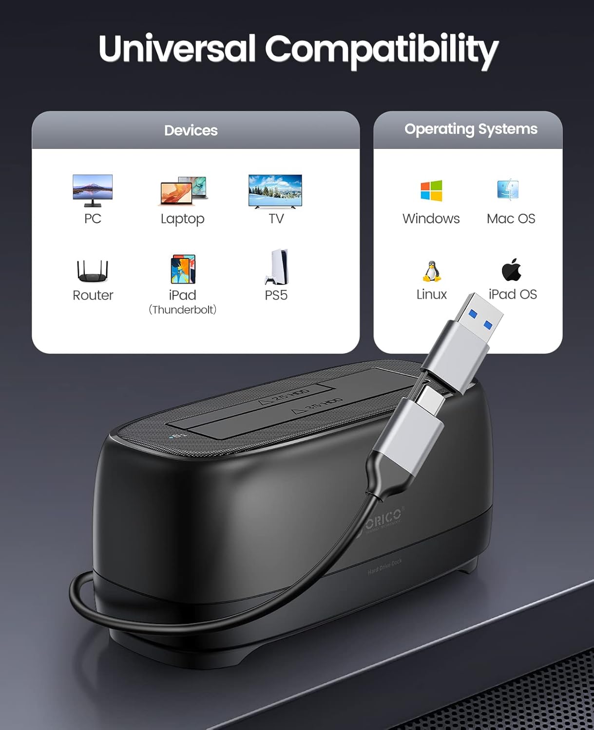 ORICO Hard Drive Docking Station USB 3.2 Gen 1 to SATA USB C Hard Drive Enclosure for 2.5&3.5 Inch SSD HDD Up to 22 TB with 12V Power Supply, Tool-Free and UASP Supported (DD18C3)
