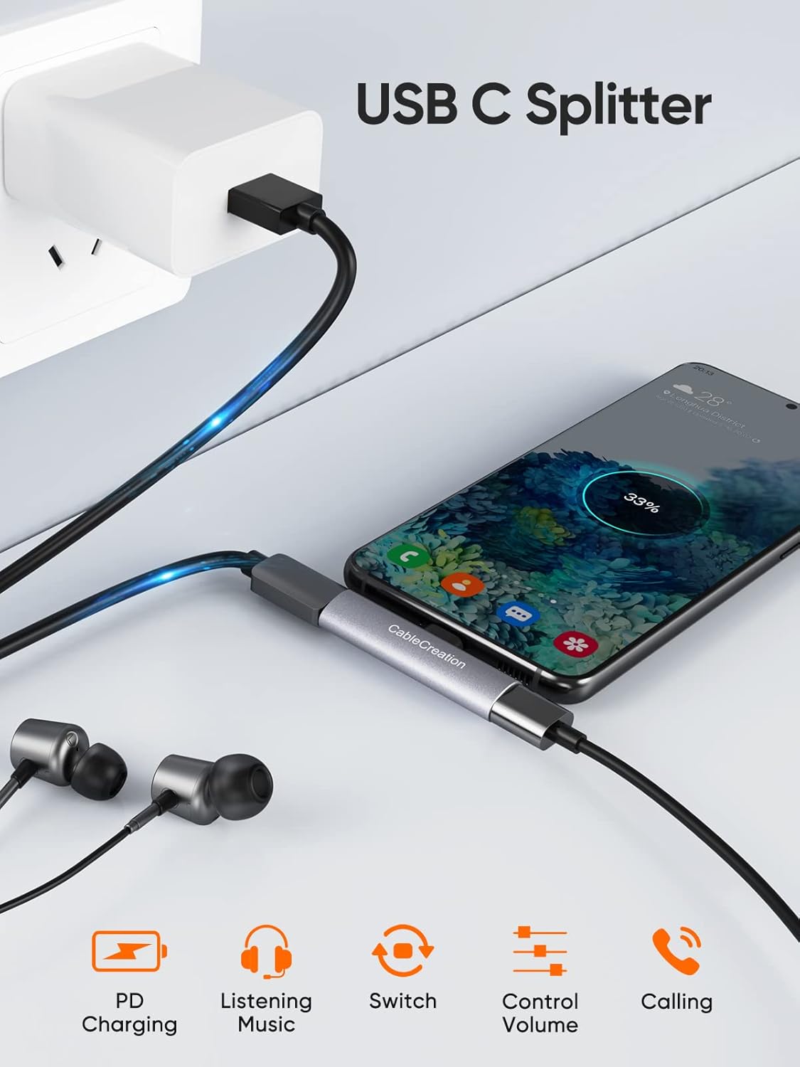 CableCreation USB C Splitter, 2-in-1 USB C Audio and PD Charging Adapter, Type C Aux Cord Compatible with New iPad Pro, MacBook, iPhone 16 15, Galaxy S9/S10/S20/S21 Ultra/S22/S23/S24, Pixel 9/8/7/6+