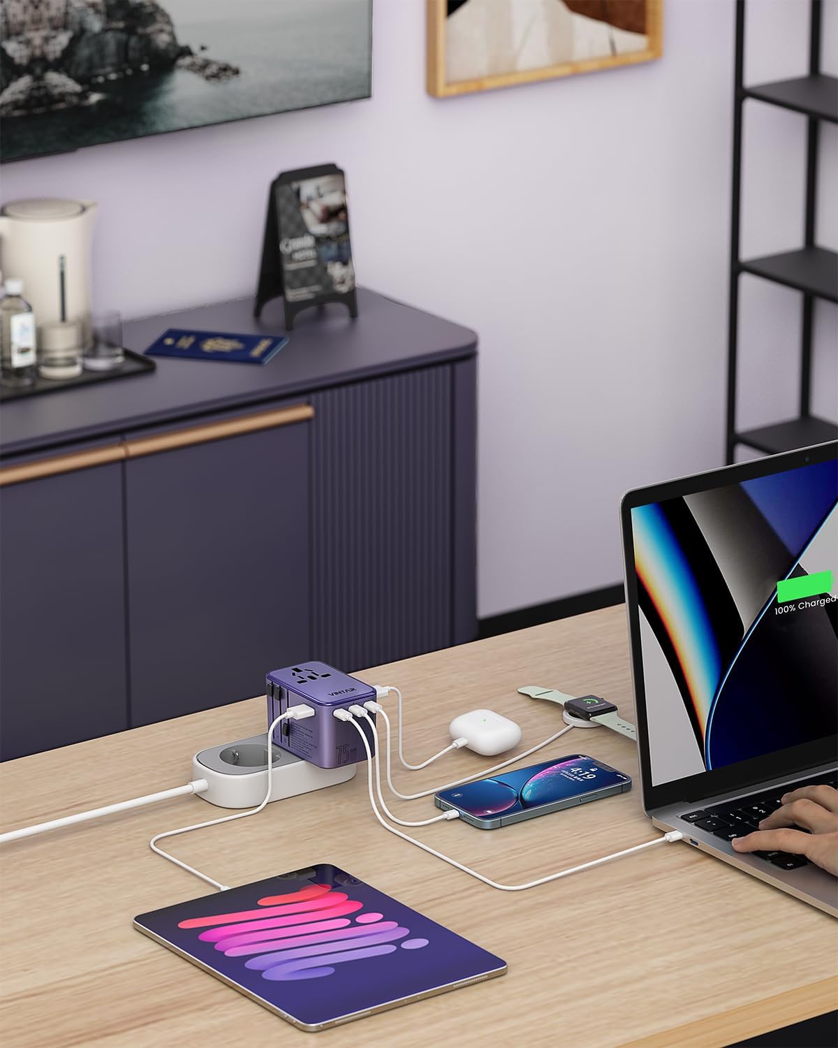 Universal Travel Adapter, VINTAR 75W GaN International Power Adapter with 3 USB C PD and 2 USB A QC, All in One Travel Essentials for UK/EU/USA/AUS, Travel Adapter Worldwide for Laptops Phones, Purple