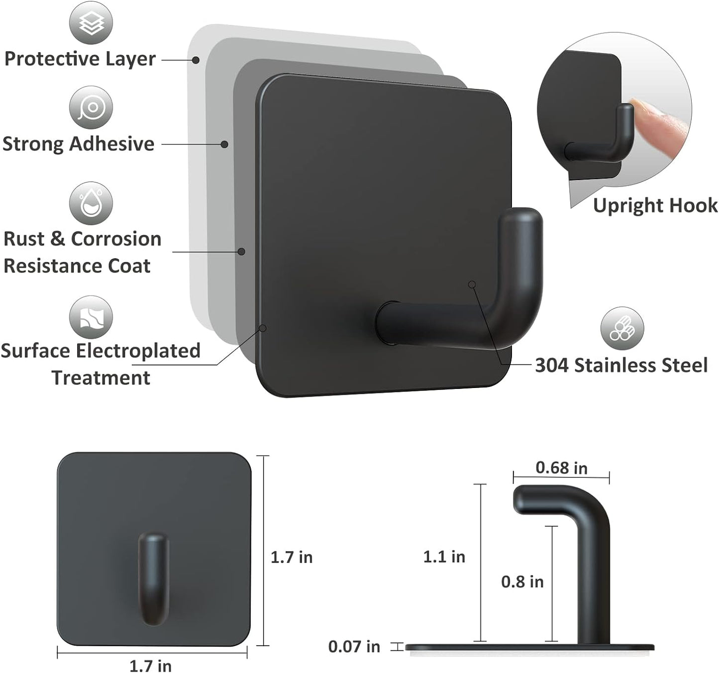 VIS'V Adhesive Hooks, Metal Shower Wall Stick on Hooks, Waterproof, 2 Extra Adhesive Strips, Black, 4 Pcs