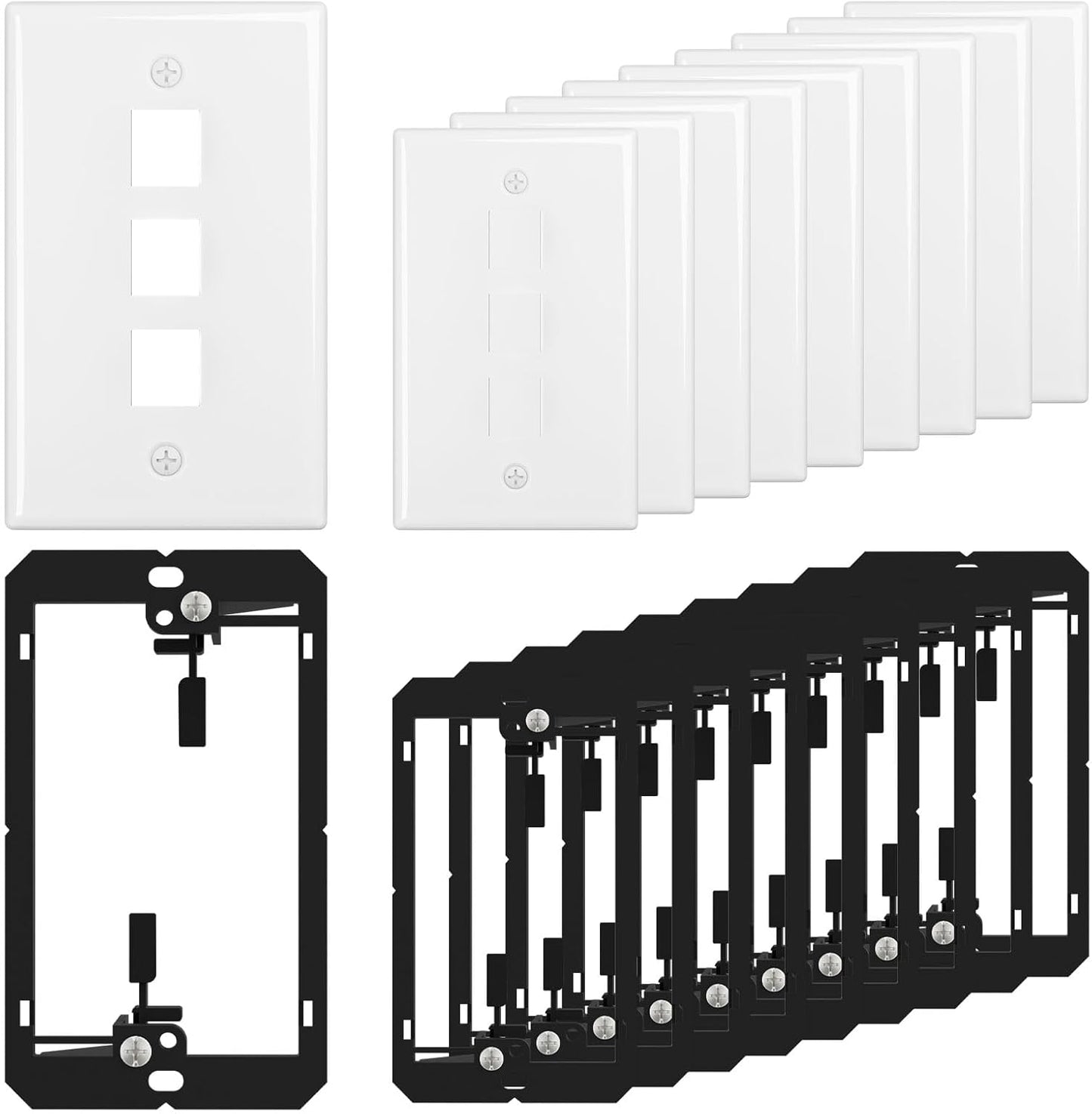 FGB 3-Port Keystone Wall Plate, with Low Voltage Mounting Bracket, with Single Gang Decorator Wall for RJ45, HDMI, and Coax Keystone Inserts, White, 10-Pack