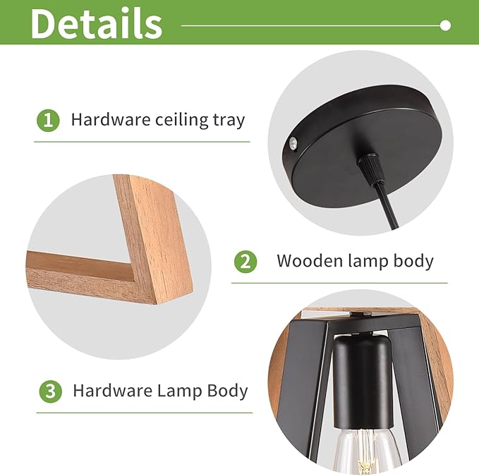 3 Pack Kitchen Island Pendant Lights, Black Industrial Metal and Vintage Wood Hanging Light, Mini Farmhouse Chandelier, Adjustable Height Rustic Ceiling Lamp for Entryway, Dining Room, Foyer