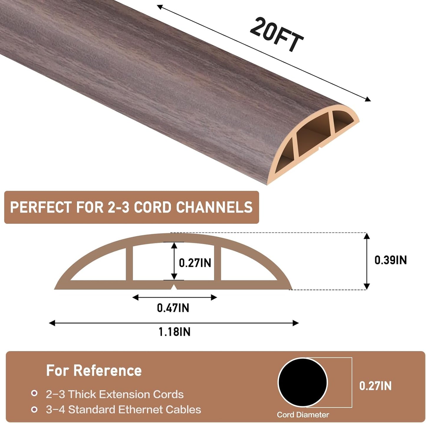 Floor Cord Cover Self Adhesive Cord Hider Floor Extension Cord Covers for Floor Power Cord Protector Cable Management Prevent Cable Trips Cable Cavity 0.47" W x 0.27" H (Brown Walnut Wood, 20Ft)