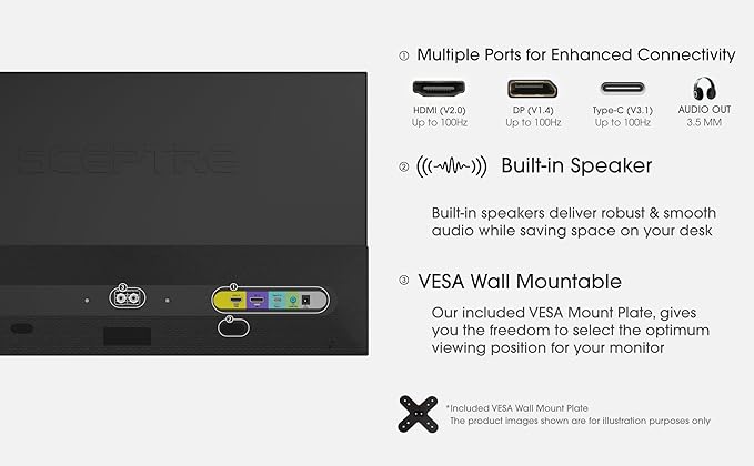 Sceptre New IPS 27-inch Prime Gaming Monitor 100Hz DP HDMI USB Type C, Build-in Speakers Machine Black 2026 (E275W-FP100T Series)