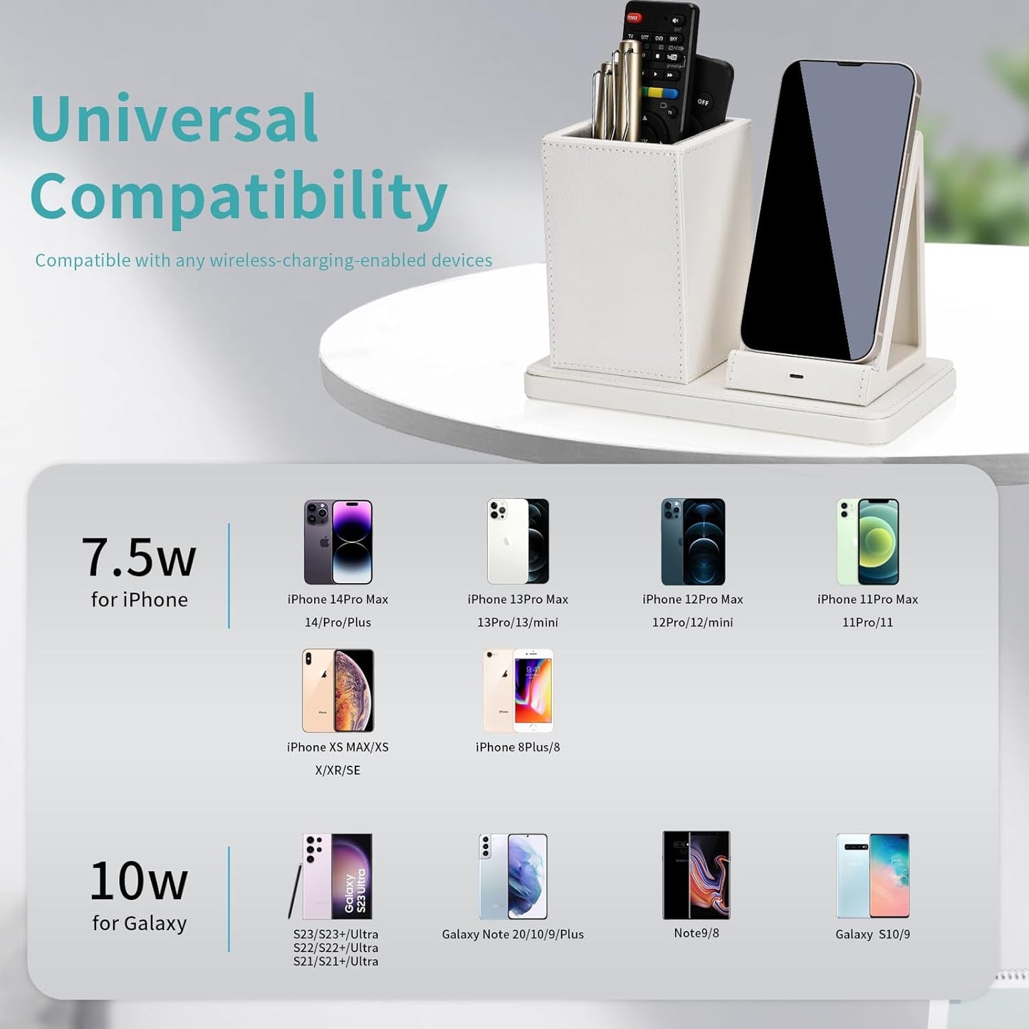Wireless Charger with Desk Organizer, Wireless Charging Station for iPhone 14/14 Pro/13/12/11/Samsung Galaxy S23/S22/S21/S20/Note 20/Note 10, Charging Stand with Leather, White