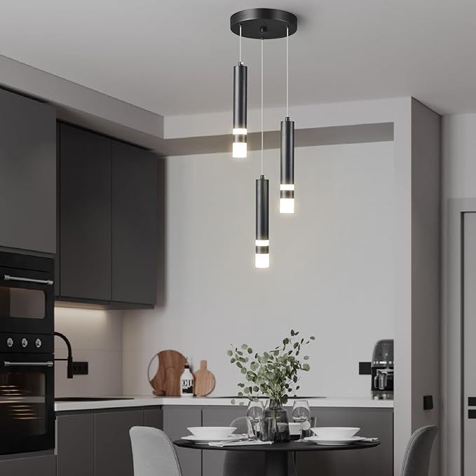 Modern Pendant Light Kitchen Fixture Dimmable LED Black Mini Pendant Lighting fo Kitchen Island Bedroom Bedside Table Small Pendant Lights (3-Light)