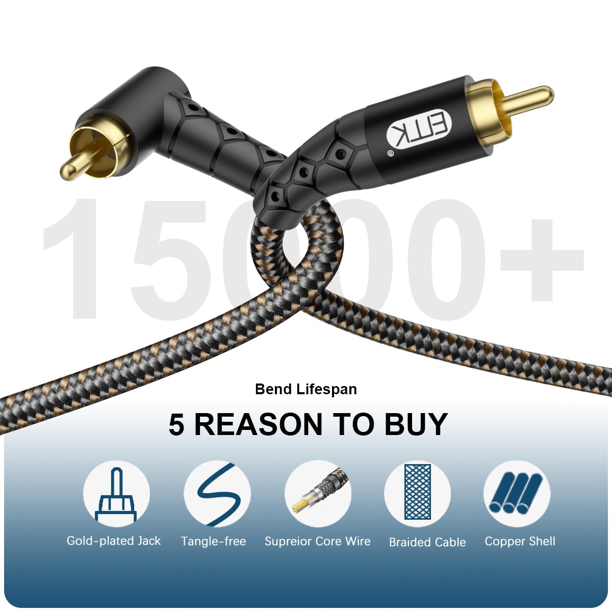 EMK 90 Degree RCA Subwoofer Cable 24K Gold-Plated Connector Nylon Braided Double Shielded – Support Digital & Analog Signals for Amplifier, Home Theater, Hi-Fi System,Subwoofer Black/30ft/10m