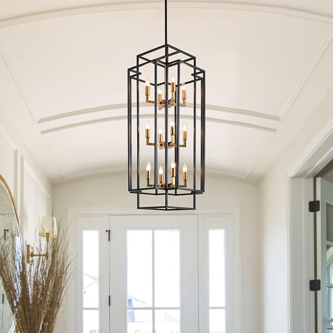 Black and Gold Chandelier, 12-Light Lantern Tiered Pendant Light Fixtures, Large Foyer Chandeliers for High Ceilings, Farmhouse Chandelier for Entryway, Modern Metal Pendant Lights for Staircase