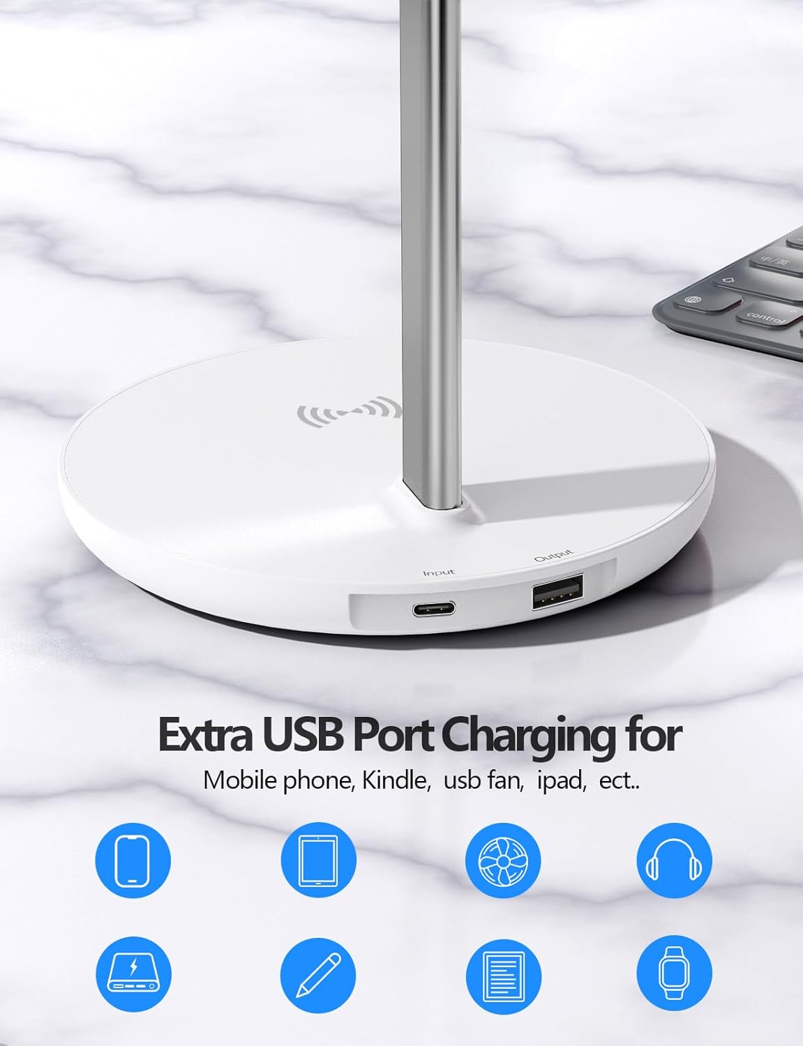 Miroddi Headphone Stand with Wireless Charger, Independent USB Charging Port, 5 in 1 Charging Station Headset Holder Rack for AirPods Max/Pro/4/3/2, iWatch, iPhone, Samsung and Desk Headphones, White
