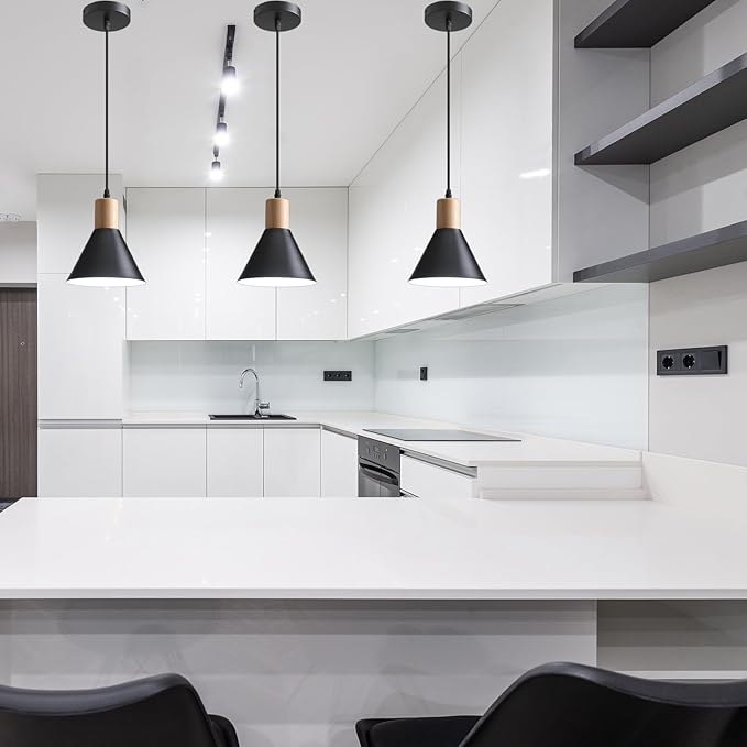 Pendant Lights, 3 Pack Solid Wood Ceiling Hanging Lamp, Modern Matte Black Pendant Lighting for Kitchen Over Island Dining Living Room Bedroom