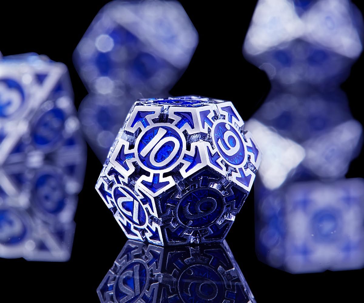 RULE DND Dice Set Metal Blue Solid Weighted D&D Dungeons & Dragons Polyhedral D20 D4 D12 D10 D% D8 D6 with Gift Box