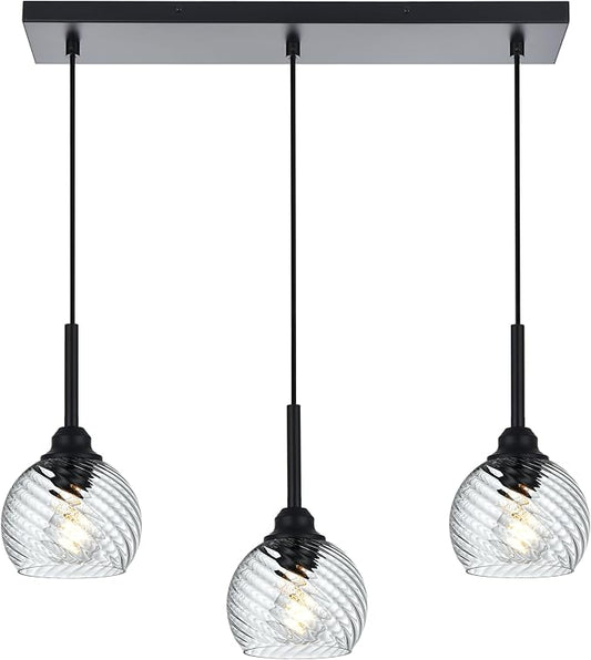 3 Light Linear Island Lights with Striped Swirl Globe Glass, Black Kitchen Hanging Pendant Light Fixture Farmhouse Chandelier for Dining Room Bar Living Room