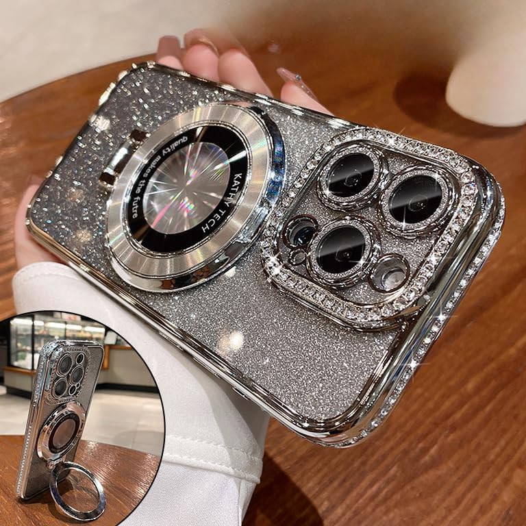 Magnetic Kickstand (Glitter Lens Protector ) Case for iPhone 15 14 13 12 Pro Max (Compatible with Magsafe ) Sparkling Diamond Cover Glitter Shiny Rhinestone Cases (Silver,for iPhone 13 Pro)