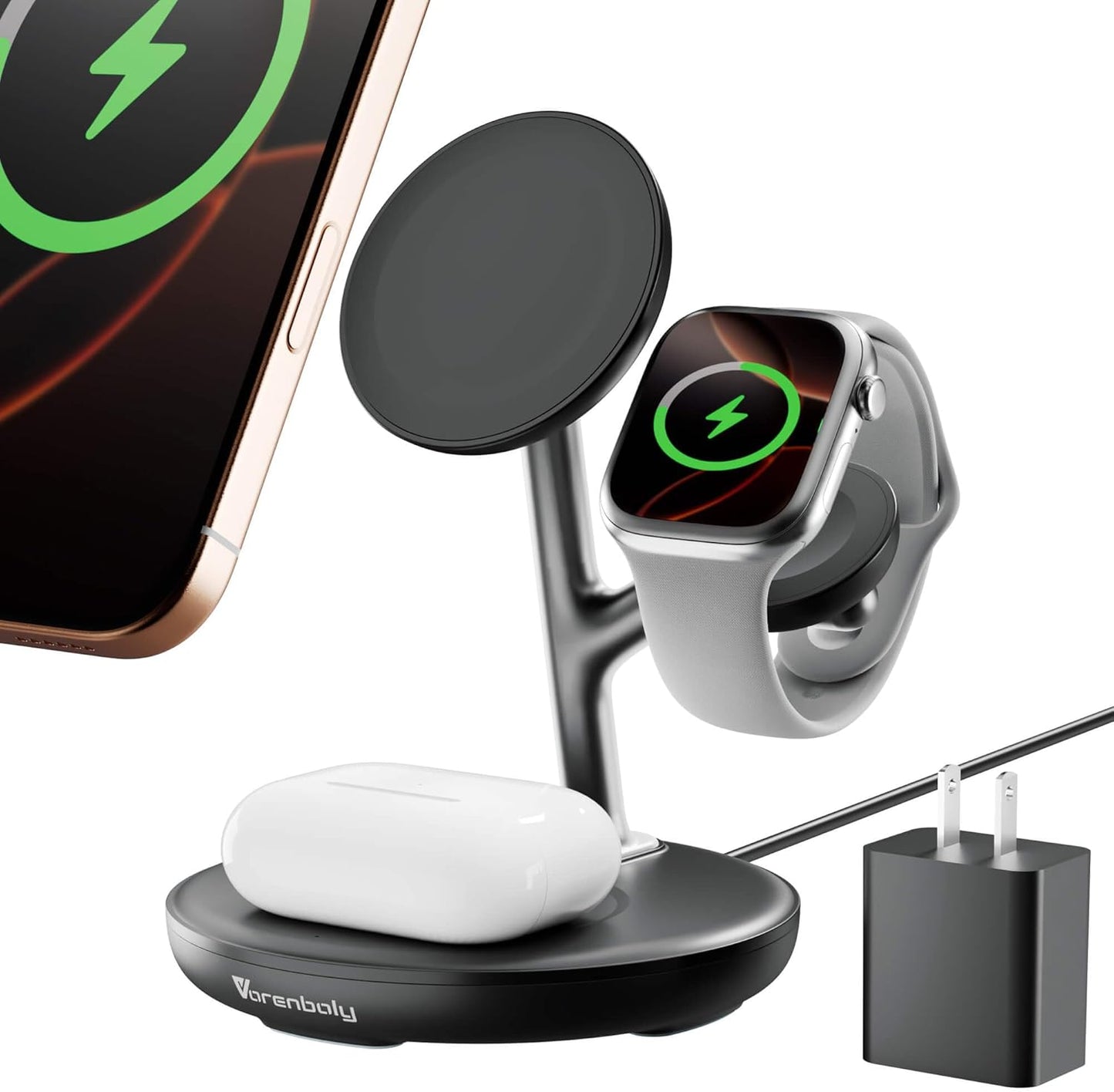 3 in 1 Wireless Charging Station for Multiple Devices Apple Magsafe Charger Stand, Mag-Safe Wireless Charger Dock for iPhone 16 15 14 13 12 Series Apple Watch Airpods Nignt Stand Charging Dock(Black)