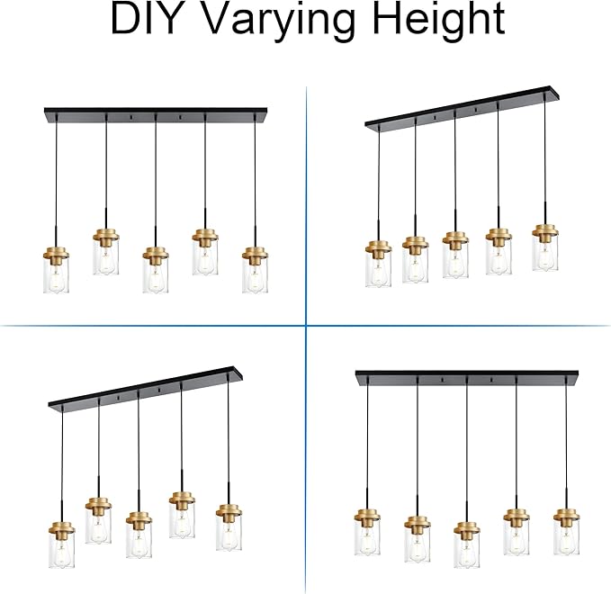 MELUCEE 5-Lights Adjustable Hanging Pendant Light Fixtures 37 Inches in Black, Modern Kitchen Island Lighting Linear Chandelier for Dining Room Over Table with Clear Glass Shade, Gold Socket