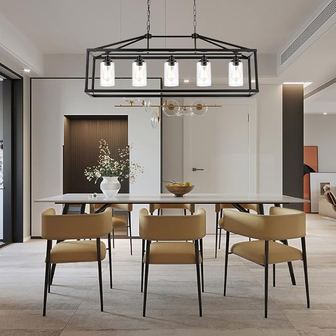 BONLICHT 5 Light Farmhouse Chandelier Ceiling Hanging Dining Room Lighting Fixtures Matte Black Modern Pendant Lighting Industrial Rectangular Kitchen Island Chandelier Fixture with Seeded Glass Shade