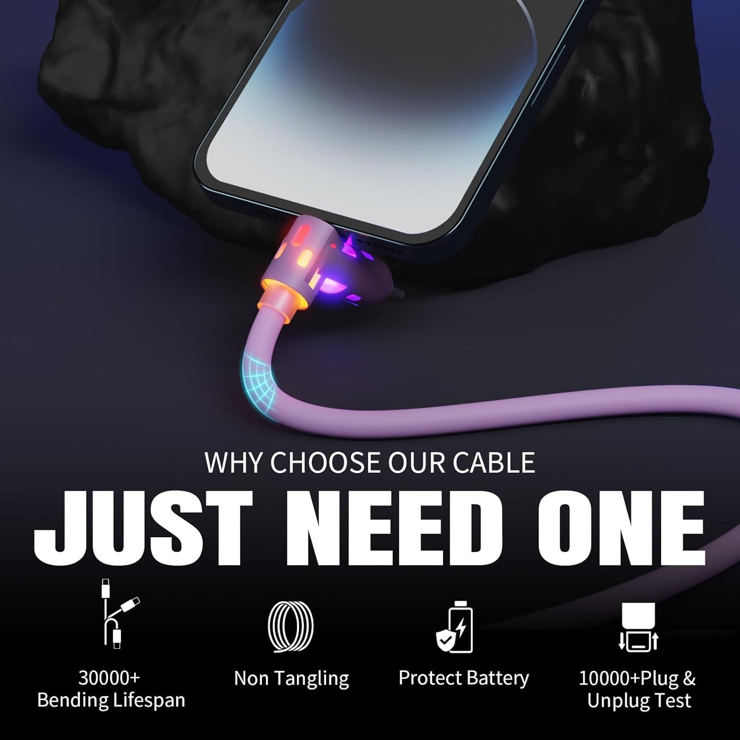 USB C Cable,240W 4 in 1 Charging Cable 4FT,Charging Cable Fast Charging & Data Sync,Multi USB Cable with Breathing Light,Charger Cord for iPhone 16/15 14 Samsung MacBook iPad Tablets,Purple