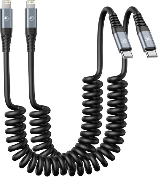 KIYODA USB Type C to Lightning Cable 6FT 2Pack, Coiled iPhone Charger Fast Charging for CarPaly Short USBC iPhone Cord for iPhone14/13/12/11 Pro Max/iPad/CarPlay-Black