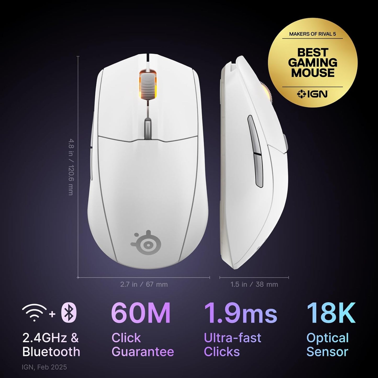 SteelSeries Rival 3 Wireless Gen 2 Gaming Mouse — 2.4GHz and Bluetooth — 18000 DPI TrueMove Air Optical Sensor — 60 Million Click Durability — Light-Weight — 100% PTFE Feet — White