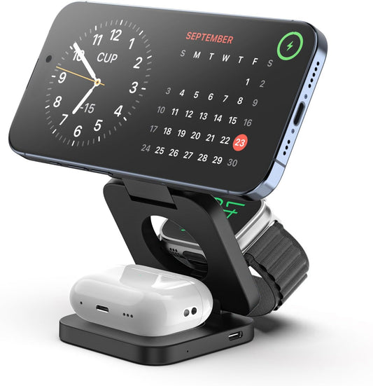 Fast Wireless Charger, Magnetic Foldable 3 in 1 Charging Station for iPhone 16/15/14/13/12/Pro/Plus/Pro Max, 5W Portable Charger for Apple Watch10/9/8/7/6/5/4/3/SE, for Airpods3/2/Pro-Black