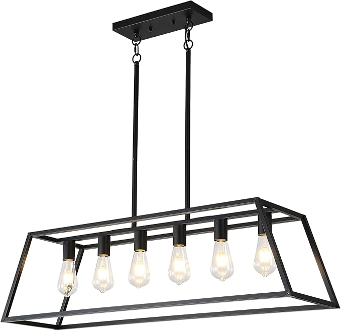 Farmhouse Rectangle Chandeliers for Dining Rooms, Modern Linear Hanging Light Fixture Matte Black 6-Light Industrial Pendant Lighting for Kitchen Island