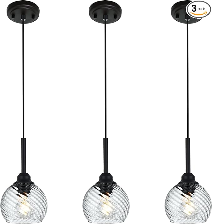 3 Pack Dining Room Light Fixtures Hanging with Clear Striped Swirl Globe Glass, Stylish Kitchen Island Hanging Pendant Light Black for Bar Hallway Bedroom, 1-Light