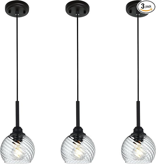 3 Pack Dining Room Light Fixtures Hanging with Clear Striped Swirl Globe Glass, Stylish Kitchen Island Hanging Pendant Light Black for Bar Hallway Bedroom, 1-Light