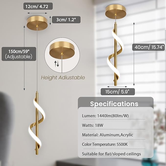 Modern Led Pendant Light Fixtures,6000K Cool White Gold Led Pendant Lighting for Kitchen Island,Adjustable Height Hanging Light Fixtures for Kitchen Dining Room Living Room,1 Pack