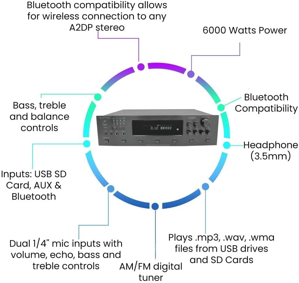 Vaiyer Home Audio System Kit, 6-Channel 6000 Watts Bluetooth Amplifier with 6.5" 12 Qty of 200 W Each in-Wall in-Ceiling Speakers & 16 AWG 500 ft. Speaker Wire - Perfect for Home, Office, Restaurants