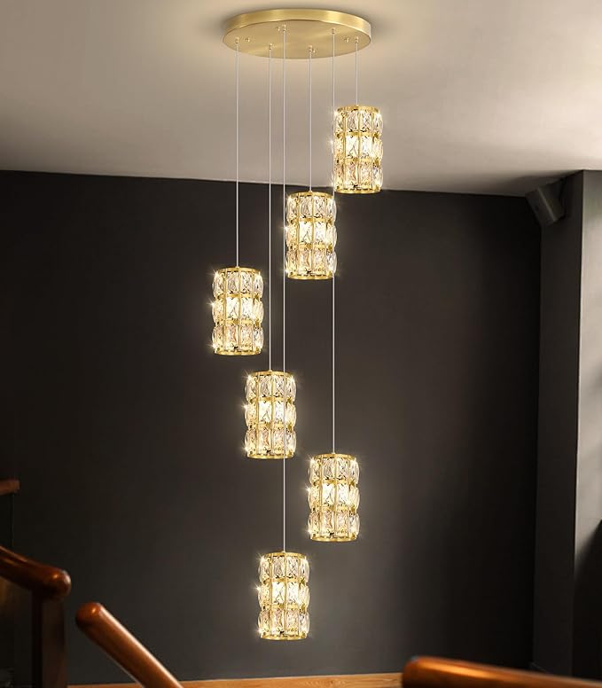 6-Lights Modern Crystal Pendant Lights for Kitchen Island LED Dimmable Glam Pendant Lighting Chandelier for Dining Room Hallway Corner Lamp Gold