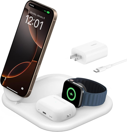 Belkin 3-in-1 MagSafe-Compatible iPhone Charger - Foldable Magnetic Qi2 Certified, MagSafe Charging Station for Phone, Apple Watch, AirPods - Wireless for Multiple Devices