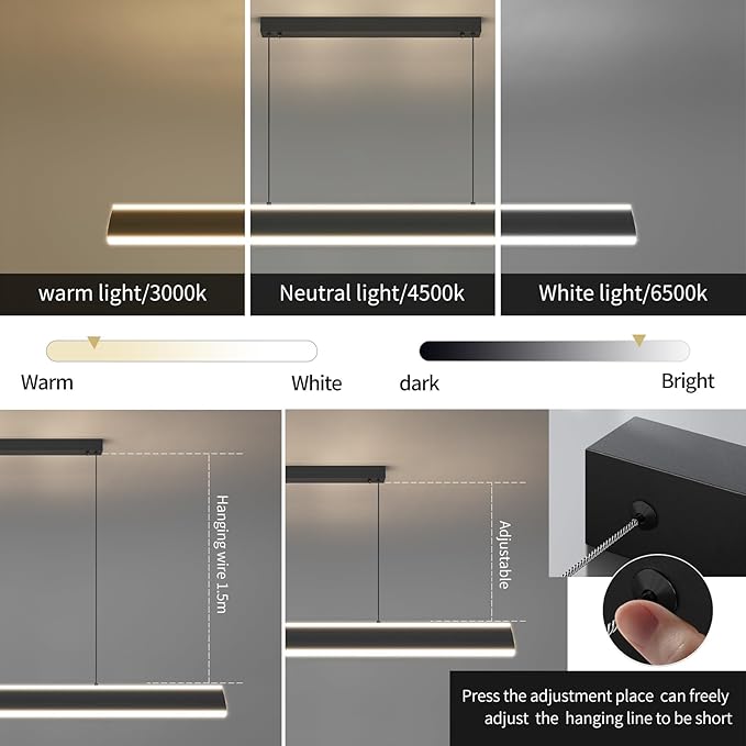 Linear Pendant Lights Kitchen Island, Dimmable LED Chandeliers for Dining Room, Modern Billiard Room Pool Table Light Ceiling Pendant Lamp for Bar Office, Black, Adjustable Height