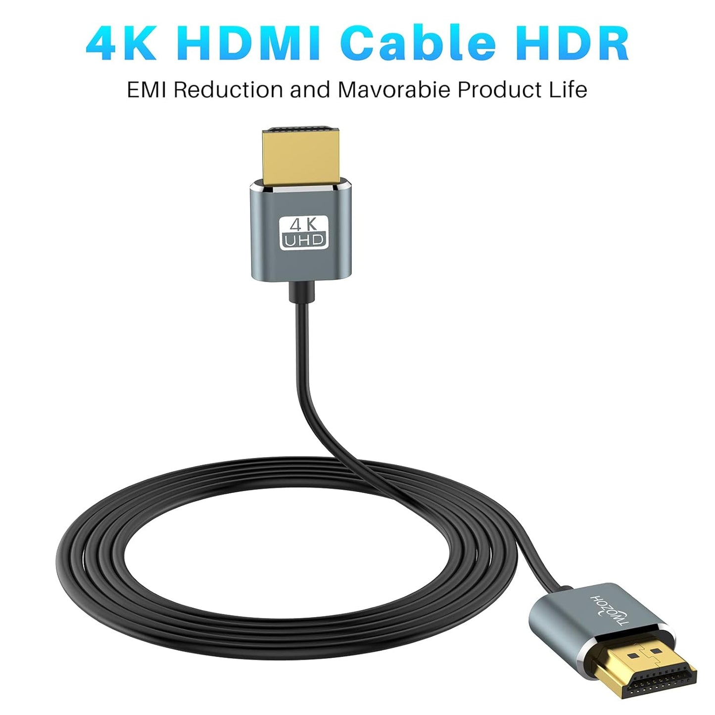 Twozoh Ultra-Thin HDMI to HDMI Cable 1FT, Hyper Slim HDMI 2.0 Cable, Extreme Flexible HDMI Cord Support 3D/4K@60Hz, 2160P, 1080P