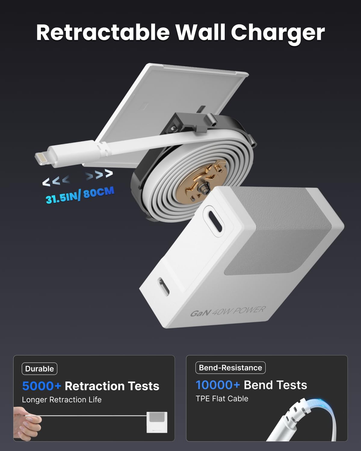 Portable USB Phone Charger Block, Retractable Wall Charger with 31.5in Retractable Lightning Cable, 40W Fast Charging Block with USB C Port, Power Adapter with Foldable Plug for iPhone14/13/12