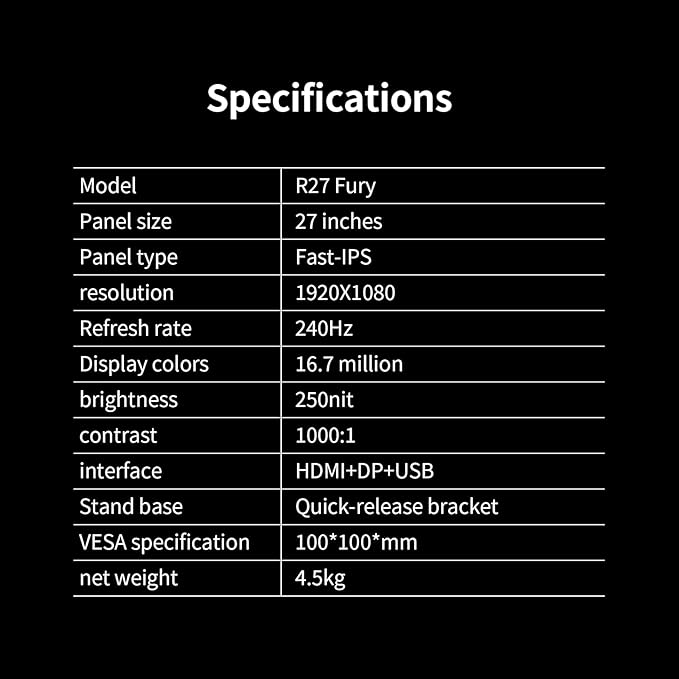 27 Inch Gaming Monitor, FHD 1920 x 1080, 240Hz Refresh Rate, Fast IPS Panel, 1ms Response Time, FreeSync & G-Sync Compatible, 100% sRGB, 16.70 Million Colors, HDMI & DP Ports (R27 Fury)