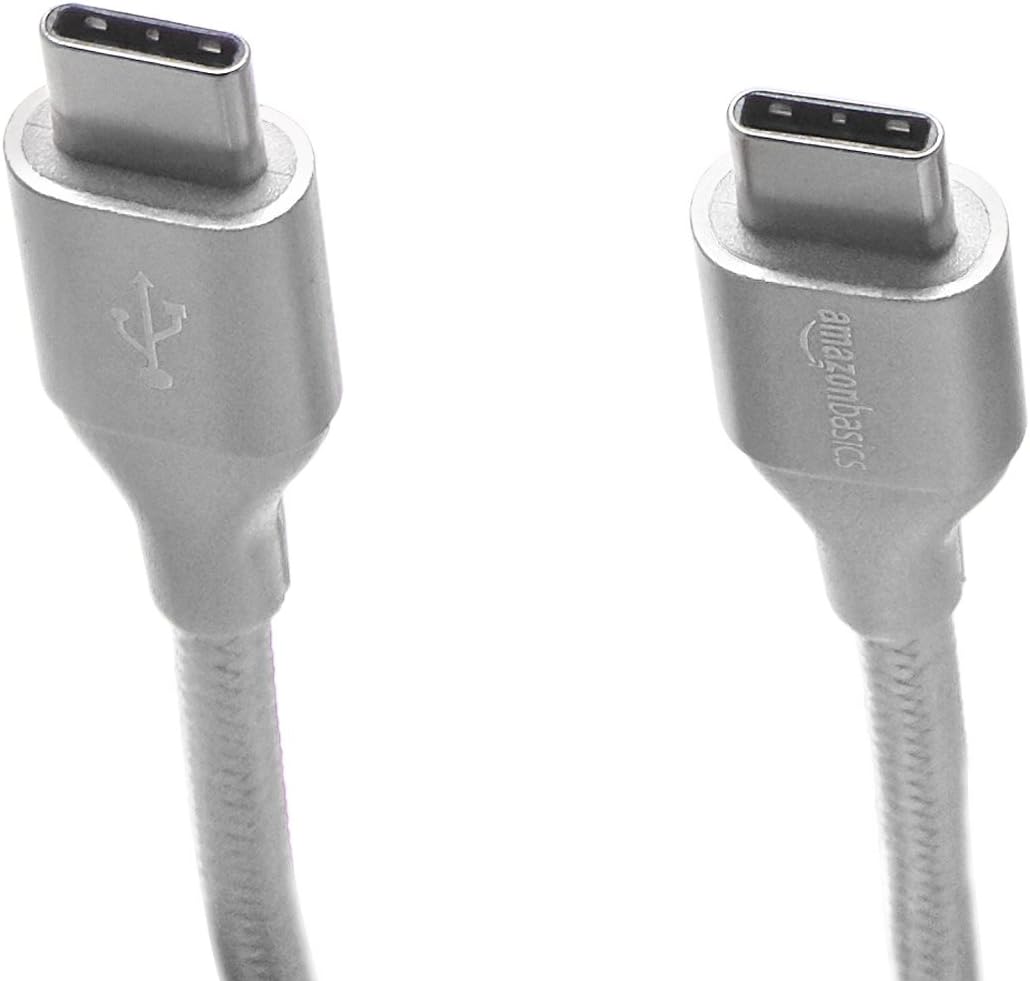 Amazon Basics USB-C to USB-C 2.0 Fast Charger Cable, Nylon Braided Cord, 480Mbps Speed, USB-IF Certified, for Apple iPhone 16/15, iPad, Samsung Galaxy, Tablets, Laptops, 10 Foot, Silver