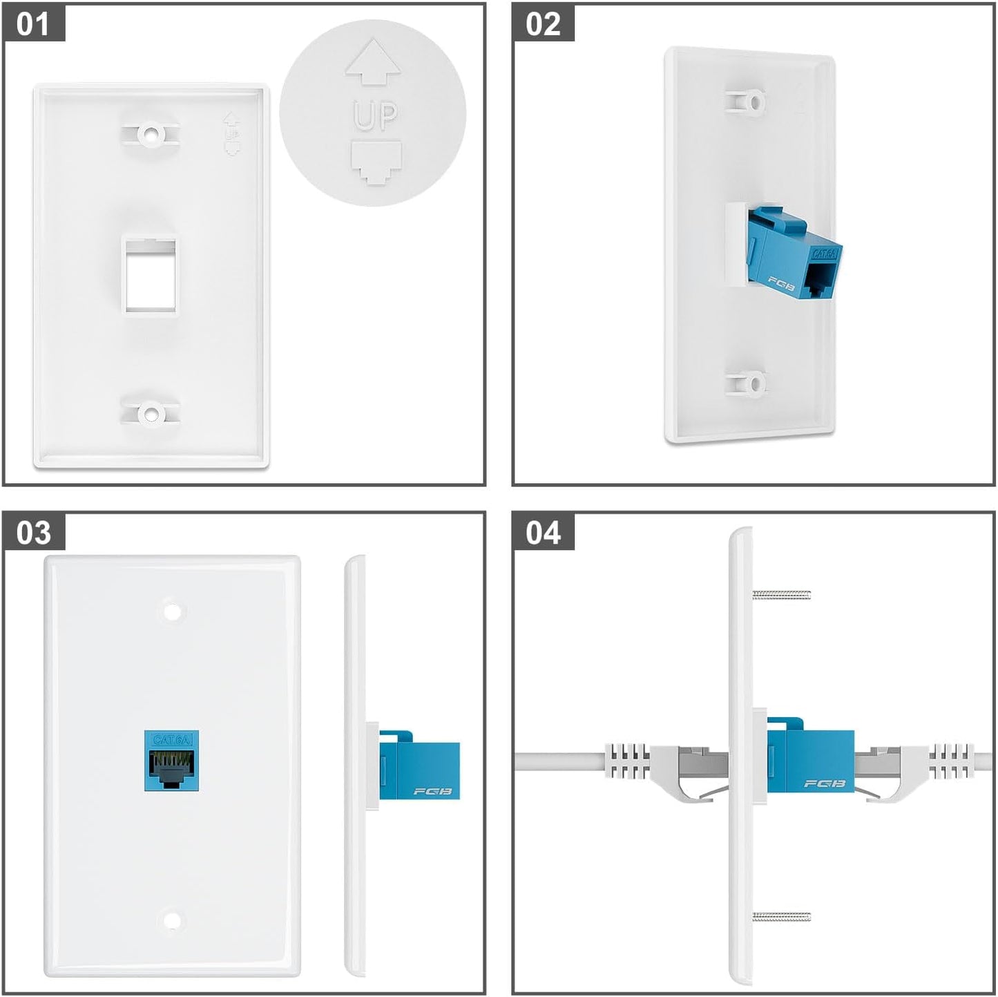 FGB 1-Port Keystone Wall Plate 20-Pack, Low-Profile Single Gang Wall Plates for RJ45, HDMI, and Coax Keystone Inserts, White