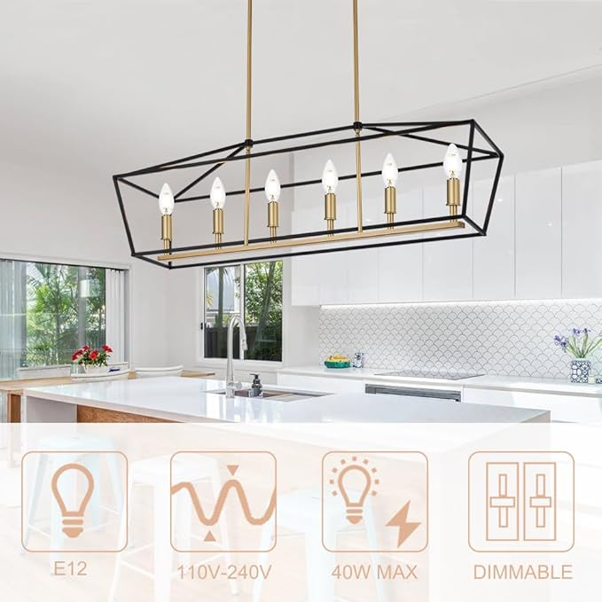 6-Lights Farmhouse Dining Room Chandelier, Rectangle Candle Pendant Lighting in Black Gold Finish, Kitchen Island Lighting for Living Room Restaurant