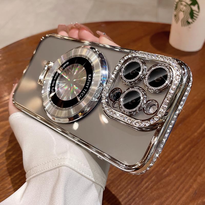 Magnetic Kickstand (Glitter Lens Protector ) Case for iPhone 15 14 13 12 Pro Max (Compatible with Magsafe ) Sparkling Diamond Cover Glitter Shiny Rhinestone Cases (Silver,for iPhone 12 Pro Max)