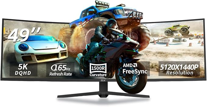 ZZA 49" Curved Gaming Monitor | 5120x1440 Dual QHD, 165Hz/144Hz, 1500R, 32:9 Ultra-Wide, AMD FreeSync, 120% sRGB, Height Adjustable, HDMI 2.1 & DisplayPort 1.4, VESA Mount, Black