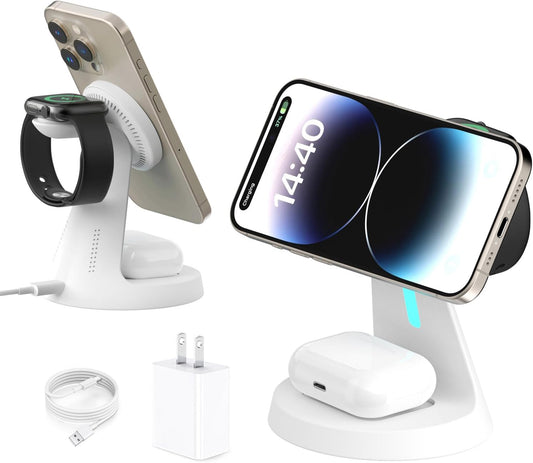 Wireless Charger Compatible with Mag-Safe,3 in 1 Charging Station for iPhone16/15/14/13/12 Series, Apple Watch,AirPods,and More,15W Fast Charging (USB-C Adapter Included)