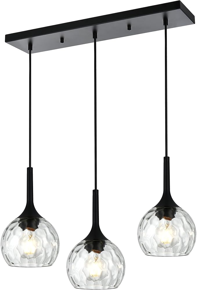 VINLUZ Linear 3-Light Hanging Pendant Kitchen Island Light in Black Finish, Modern Chandelier with Round Ribbed Glass Shades for Dining Room and Hallway