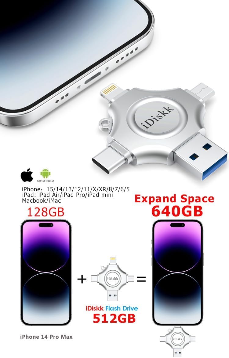 iDiskk App-le MFI Certified 512GB,Flash Drive for iPhone Photo Stick,for iPhone 15 and 16,Flash Drive for Photos and Videos,iPhone USB Storage,Photo Stick, for iPad Android Samsung (4 in 1)