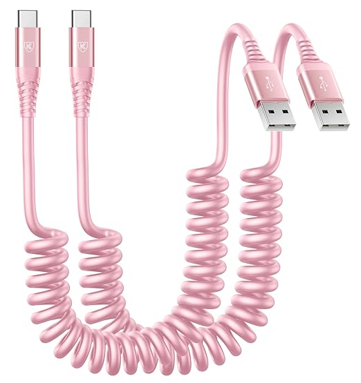 Coiled USB A to USB C Cable for Car [2-Pack, 6ft], USB Type C Cable Fast Charging, iPhone USB-C Charger Cable Compatible with iPhone 17/16/15/Plus/Pro/Pro Max/Samsung Galaxy A10e A20 A50 S20 S10E-Pink