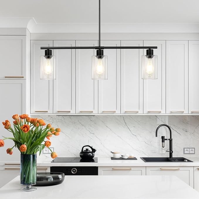 Kitchen Island Lighting, 3 Lights Linear Black Chandelier Light Fixture with Glass Shade, Industrial Kitchen Pendant Lighting Over Island, Modern Farmhouse Chandelier for Dining Room