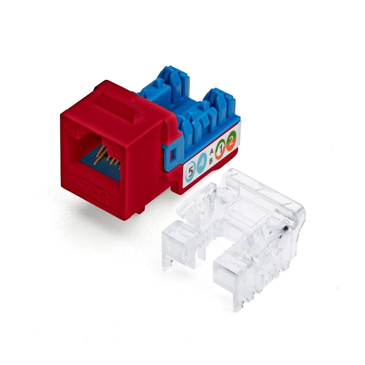 trueCABLE Cat5e Keystone Jack, Unshielded (UTP), 90 Degree Punch-Down, PoE++ (4PPoE) 100W, UL Listed, ETL Verified, ANSI/TIA Certified, Modular RJ45 Female, Red, 24 Pack