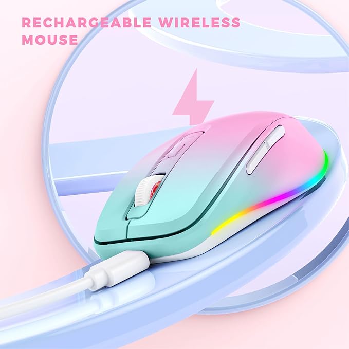 PEIOUS Wireless Mouse Jiggler - LED Wireless Mice with Build-in Mouse Jiggler Mover, Rechargeable Moving Mouse for Computer with Undetectable Random Movement Keeps Computer Awake - Gradient Pink