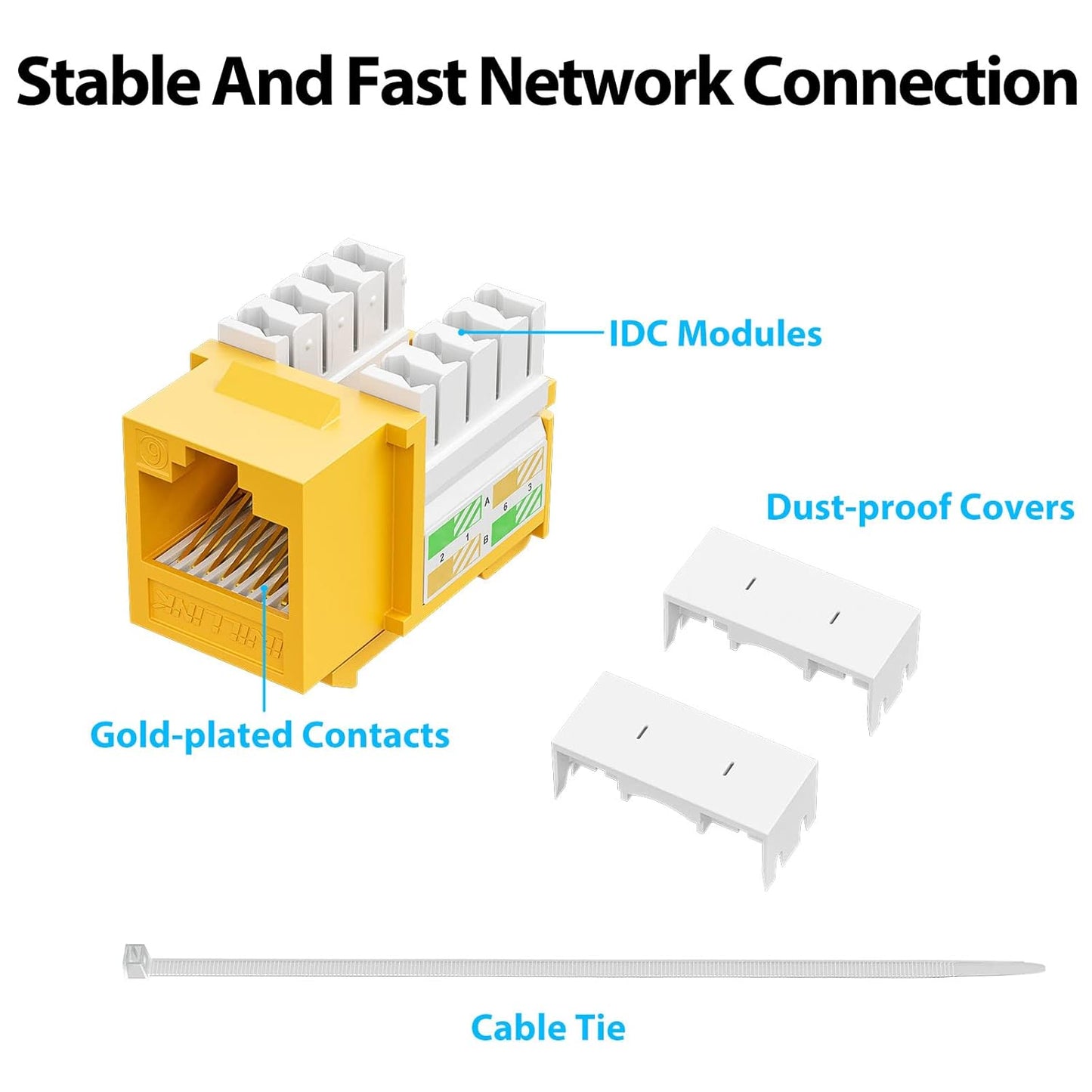 iwillink 10Gbps Cat6 Keystone Jack 10-Pack, RJ45, 90-Degree Ethernet Coupler, Punch Down Adapter (Yellow)