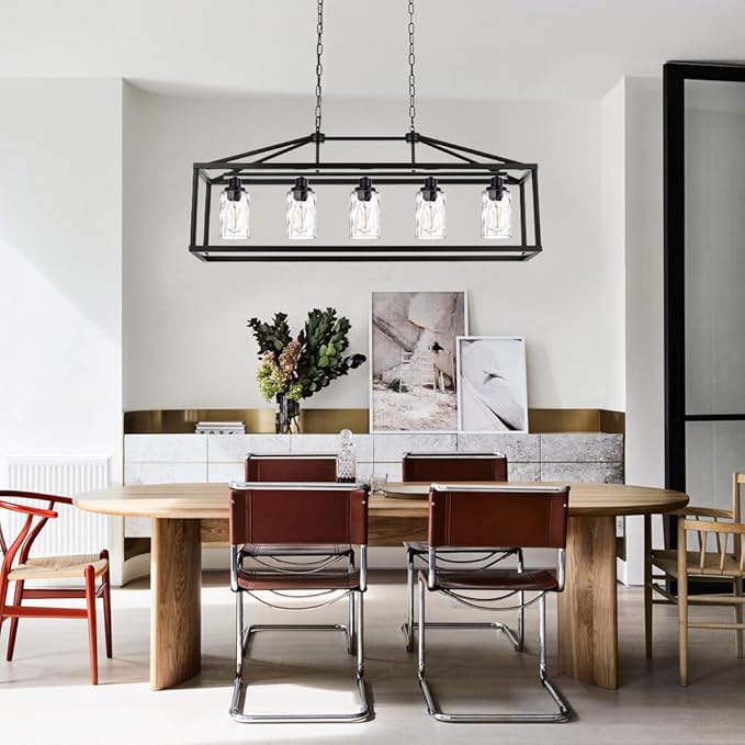 BONLICHT Black Farmhouse Chandeliers Rectangle 5 Light Modern Kitchen Island Pendant Light with Clear Water Glass Industrial Linear Dining Room Lighting Fixture Hanging Flush Mount Ceiling Lights
